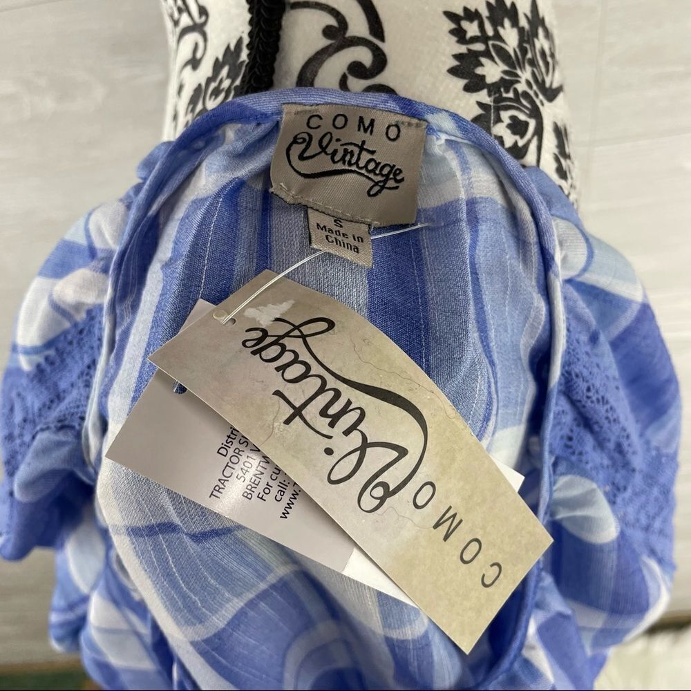 Como Vintage Blue Plaid Tie Collar Peasant Top - Picture 7 of 8